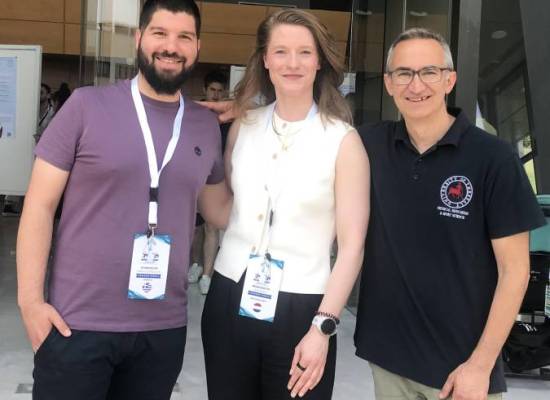 Bernadette Remaker (center), President, and Evangelos Manolopoulos (left), Treasurer of ENYSSP, both graduates of the TEFAA Postgraduate Program, are pictured with Antonis Hatzigeorgiadis, Professor at the TEFAA, University of Thessaly